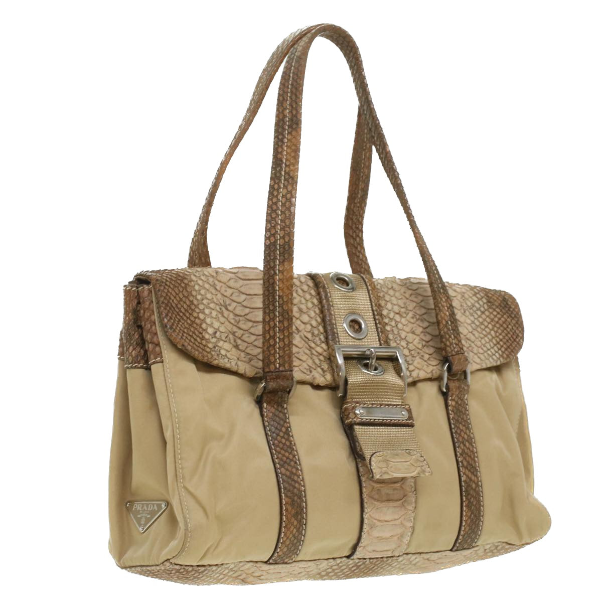 Prada Snake Pattern Semi Shoulder Shoulder Bag Nylon Beige