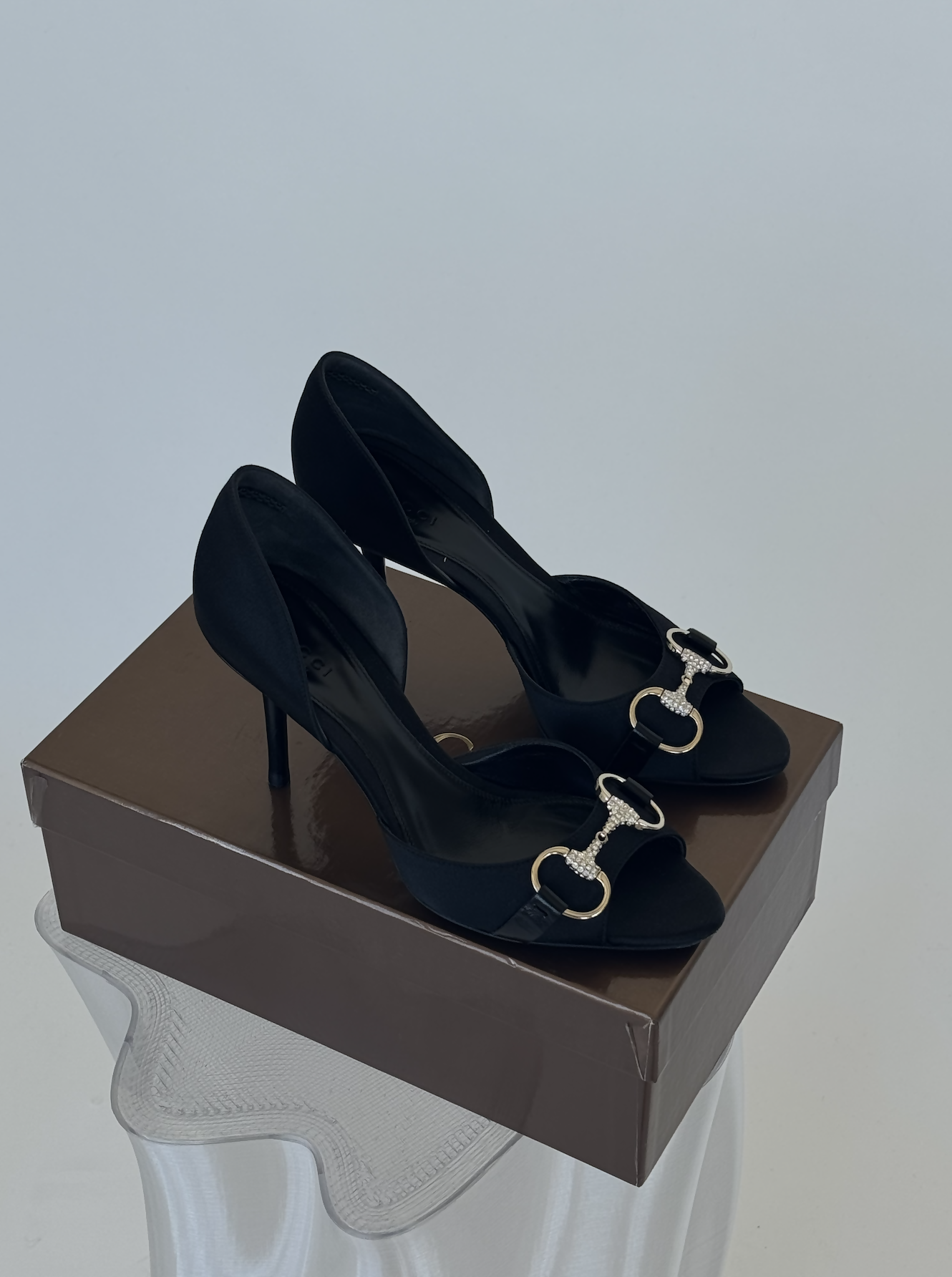 Gucci Black Satin Crystal Horsebit D'Orsay Peep-Toe Pumps - Full Set